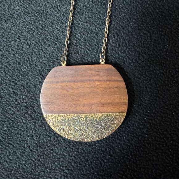 Earth & Fire Sun Necklace Wood Etched Brass Jewelry Chain Accessory Medallion - Picture 2 of 7